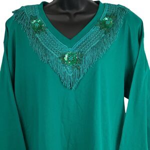 Vintage Cesucci Shirt Womens 2X Green 90s Embellished Beads Tassels Flowers